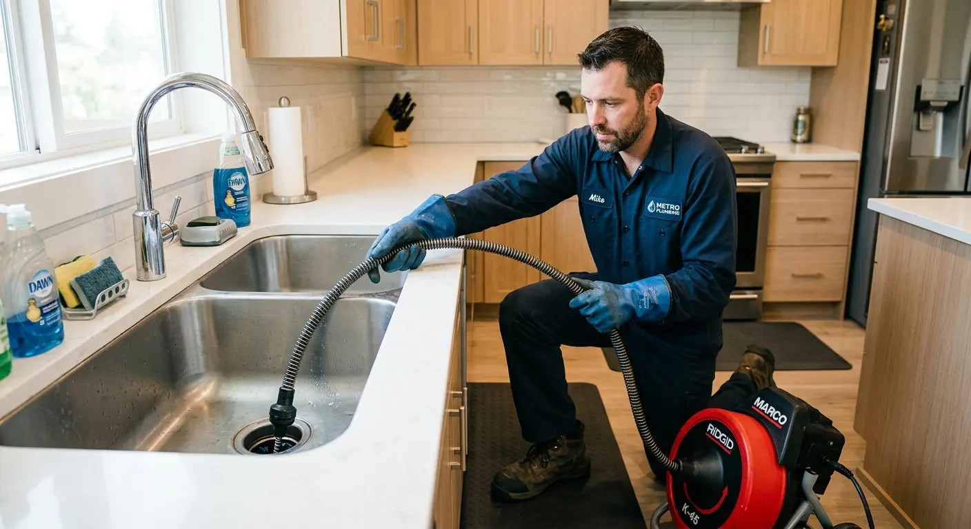 Drain cleaning technician using a motorized snake on a kitchen sink in Hanahan