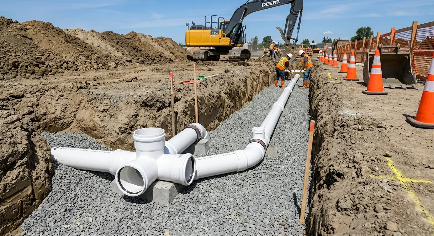 New PVC sewer pipe installation in open trench for Commercial Drain Cleaning in Hanahan